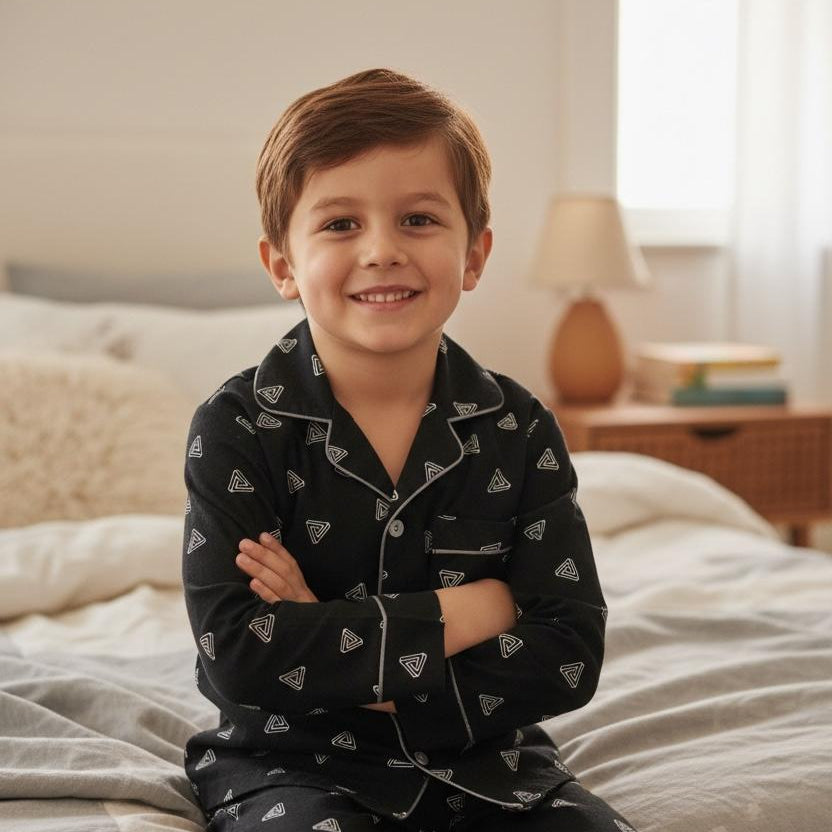 Child wearing black pajamas with white patterns sitting on a bed in a bedroom.