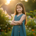 Young girl in a teal dress standing outdoors with a blurred garden background